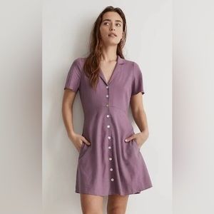 Madewell Kacie Mini Skater Collar Linen blend purple button dress